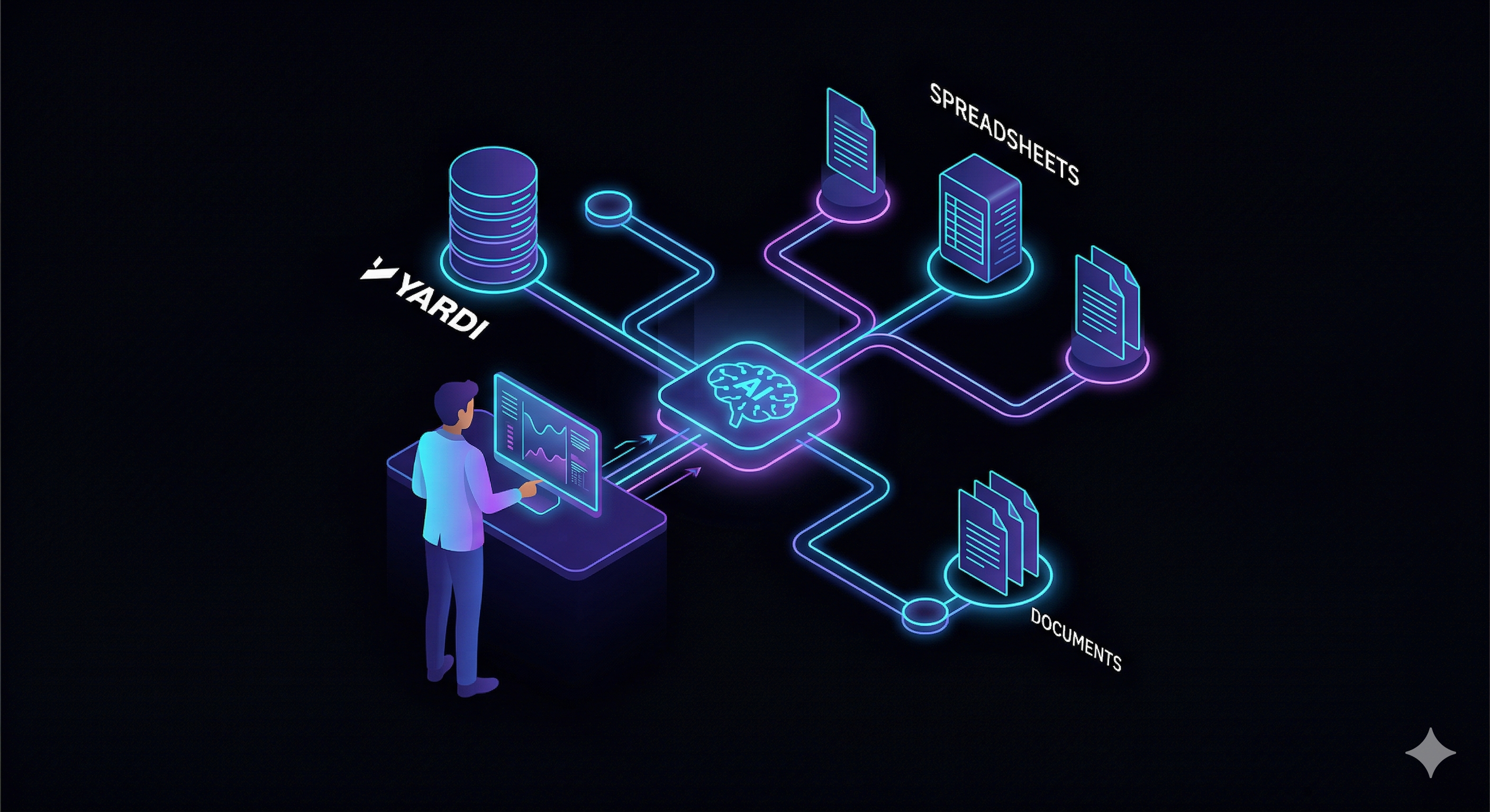 AI connecting real estate data systems. Yardi, spreadsheets, and documents flowing into a central intelligence hub